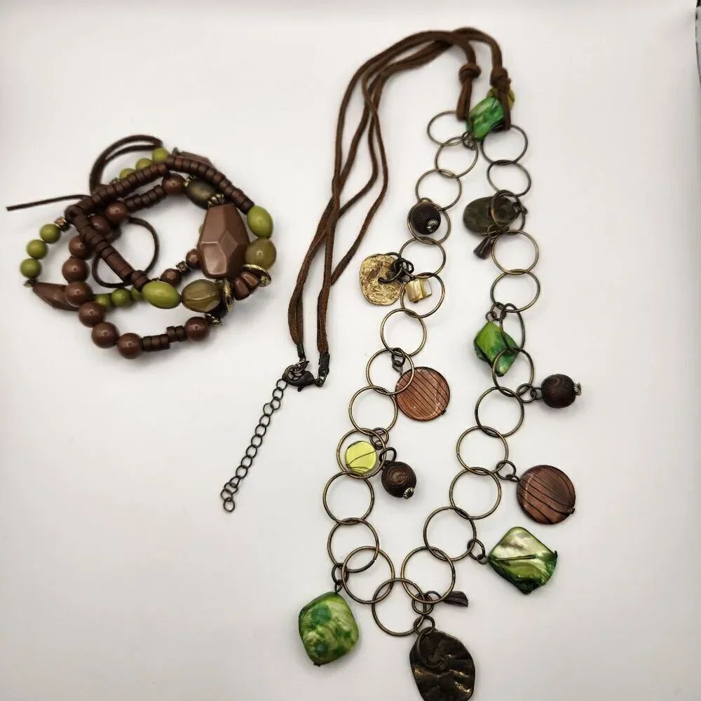 Unbranded BOHO Brown and Green Beaded Necklace and Stretch Bracelet Set